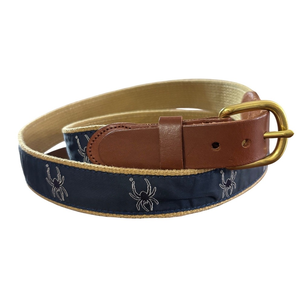 Leather Man Ltd Mens Belt Size 42 Canvas Leather Brass Navy Spider Embroidered